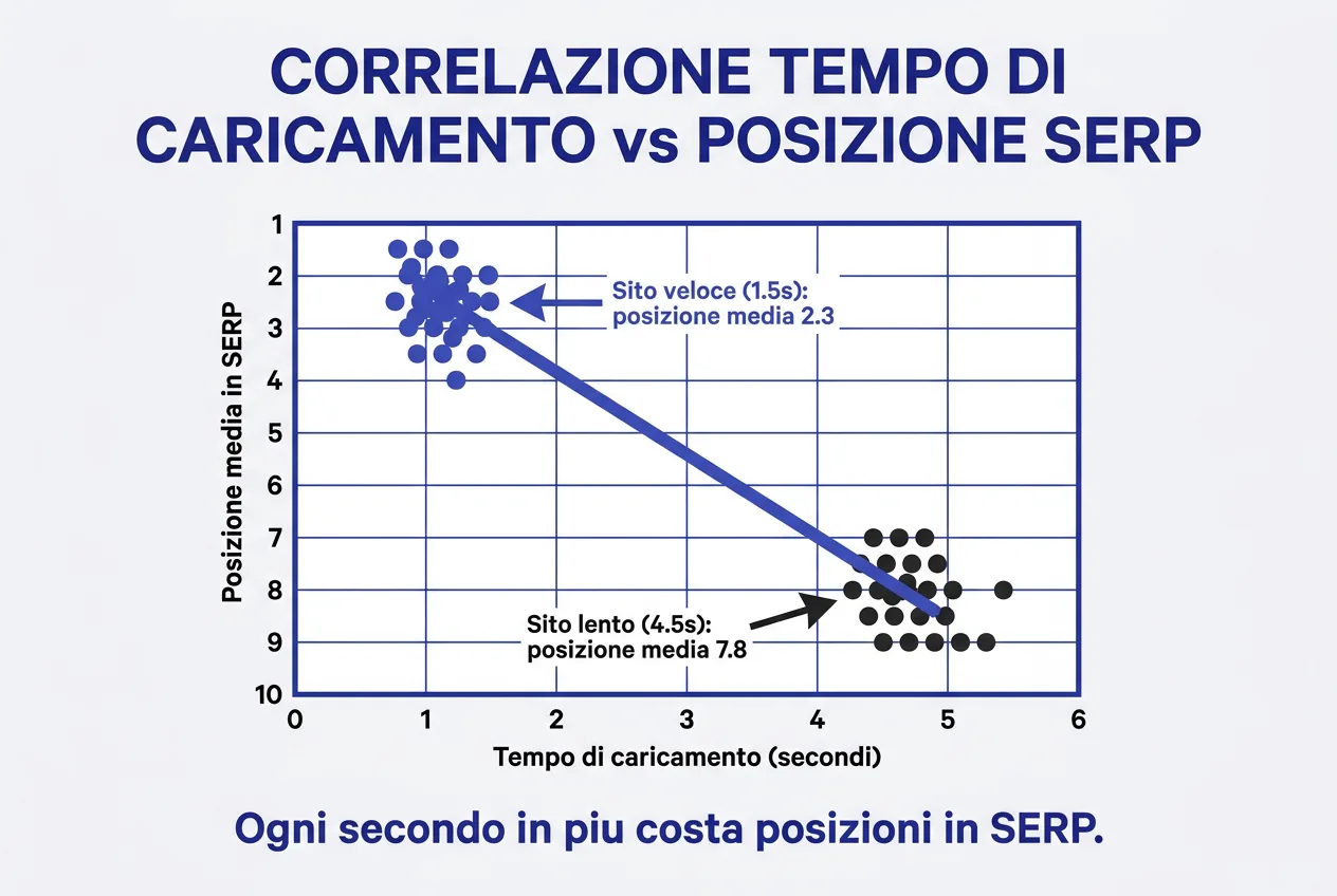 Grafico correlazione tra tempo di caricamento pagina e posizione media in SERP Google