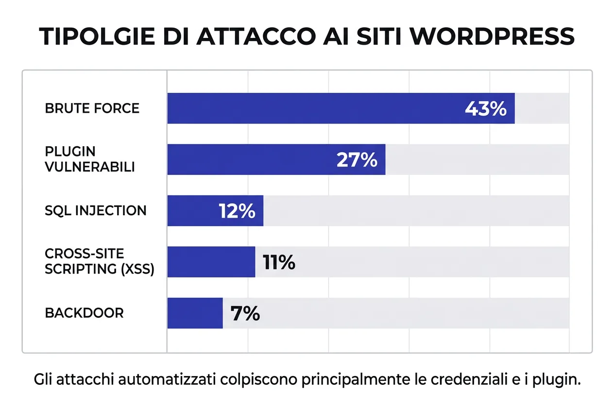 Infografica: tipologie di attacco informatico ai siti WordPress nel 2025 - bar chart percentuali brute force plugin SQL XSS backdoor