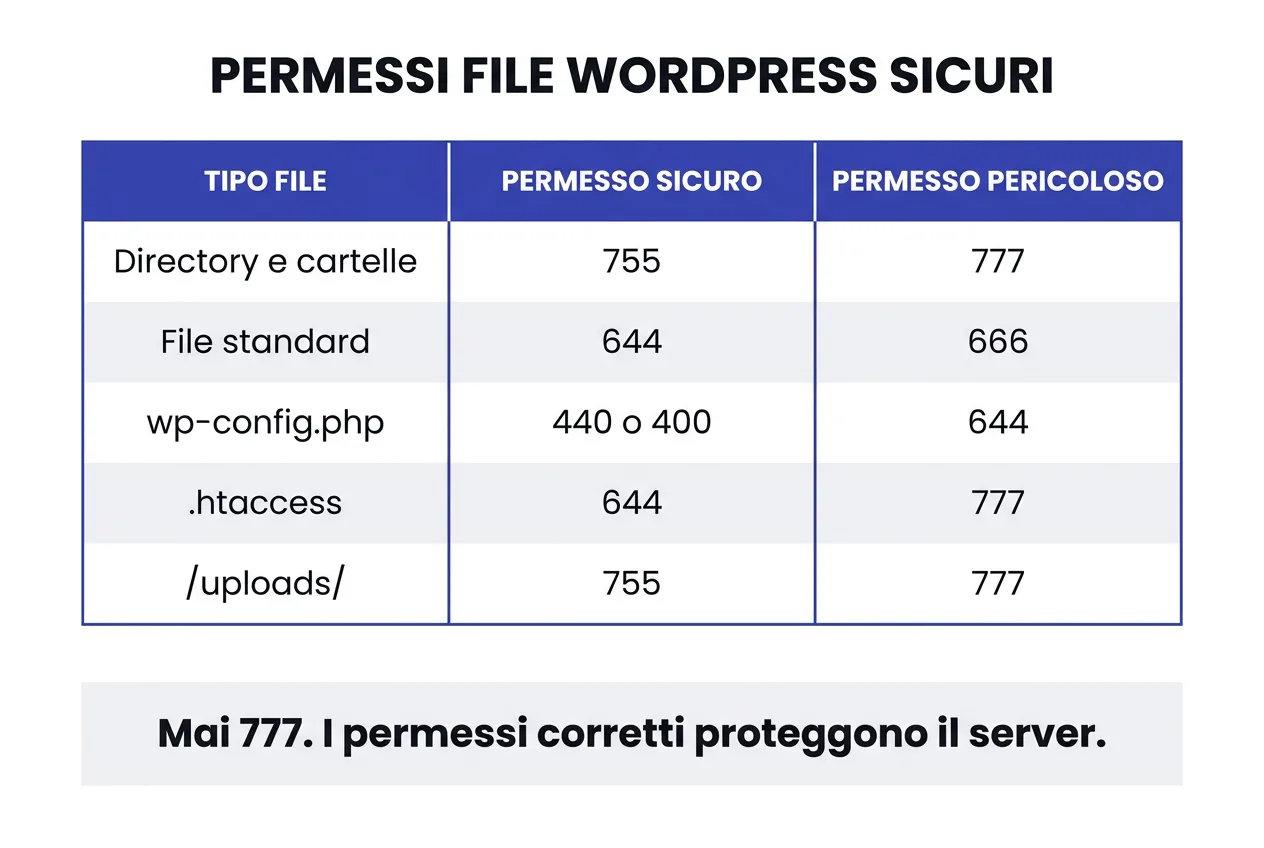 Infografica: permessi file WordPress sicuri vs mai usare - tabella confronto chmod 755 777 644 666 wp-config