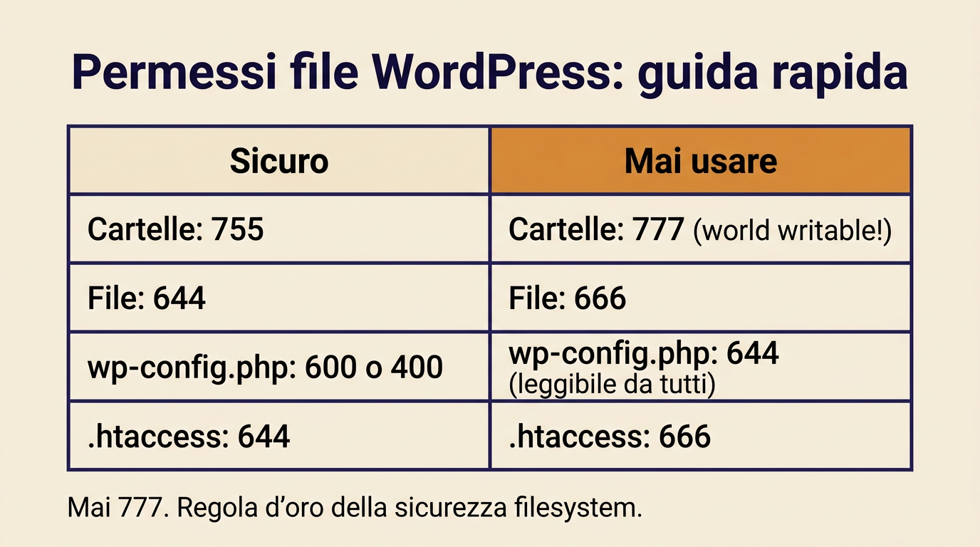 Infografica: permessi file WordPress sicuri vs mai usare - tabella confronto chmod 755 777 644 666 wp-config