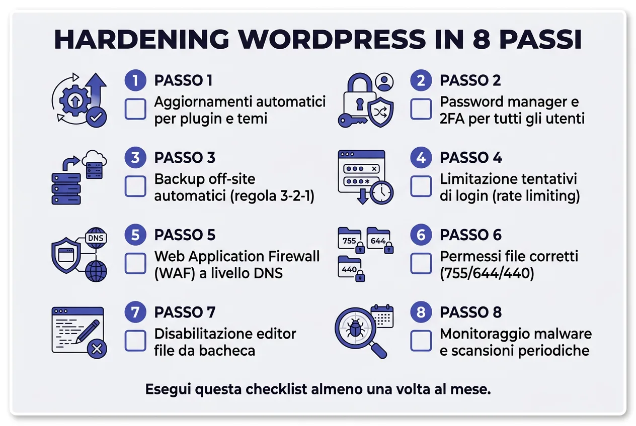 Infografica: checklist hardening WordPress in 8 passi - aggiornamenti 2FA backup off-site WAF limitazione login
