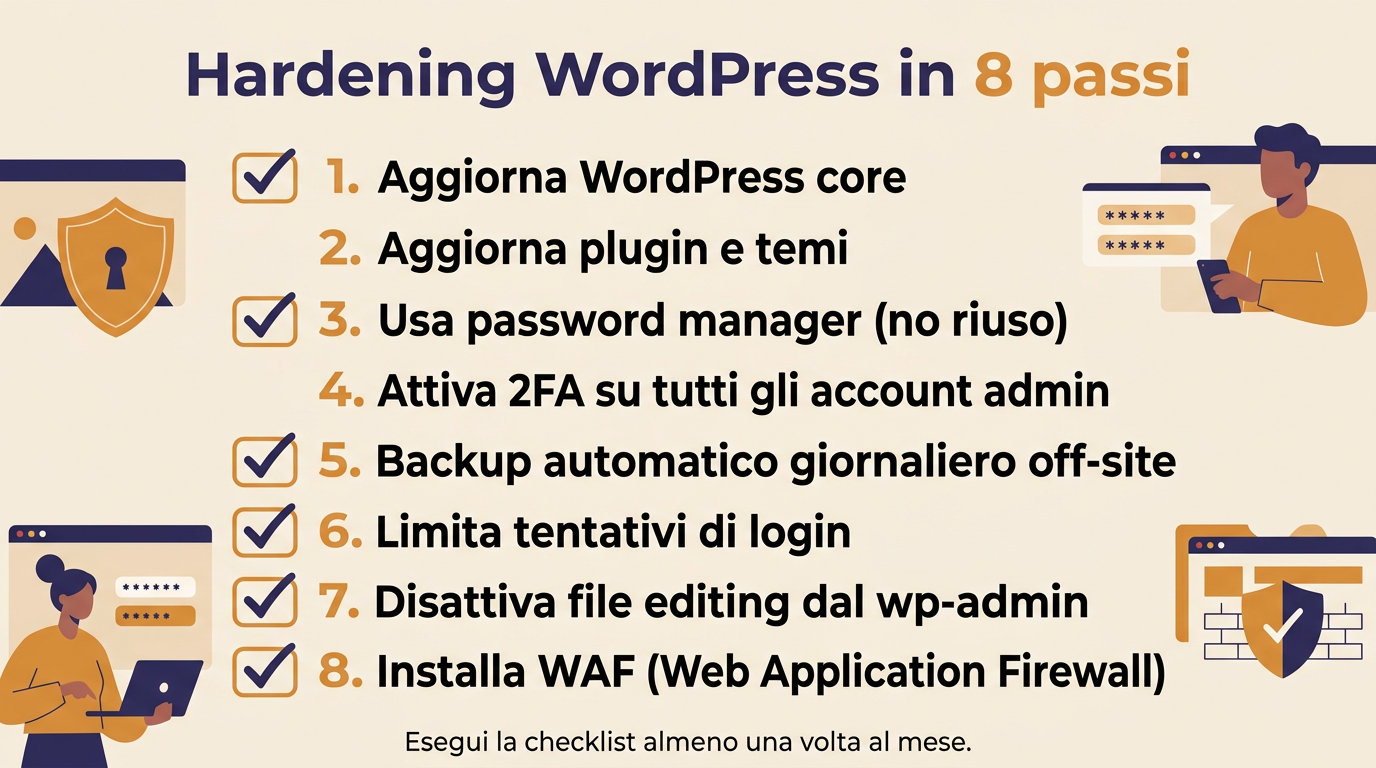 Infografica: checklist hardening WordPress in 8 passi - aggiornamenti 2FA backup off-site WAF limitazione login