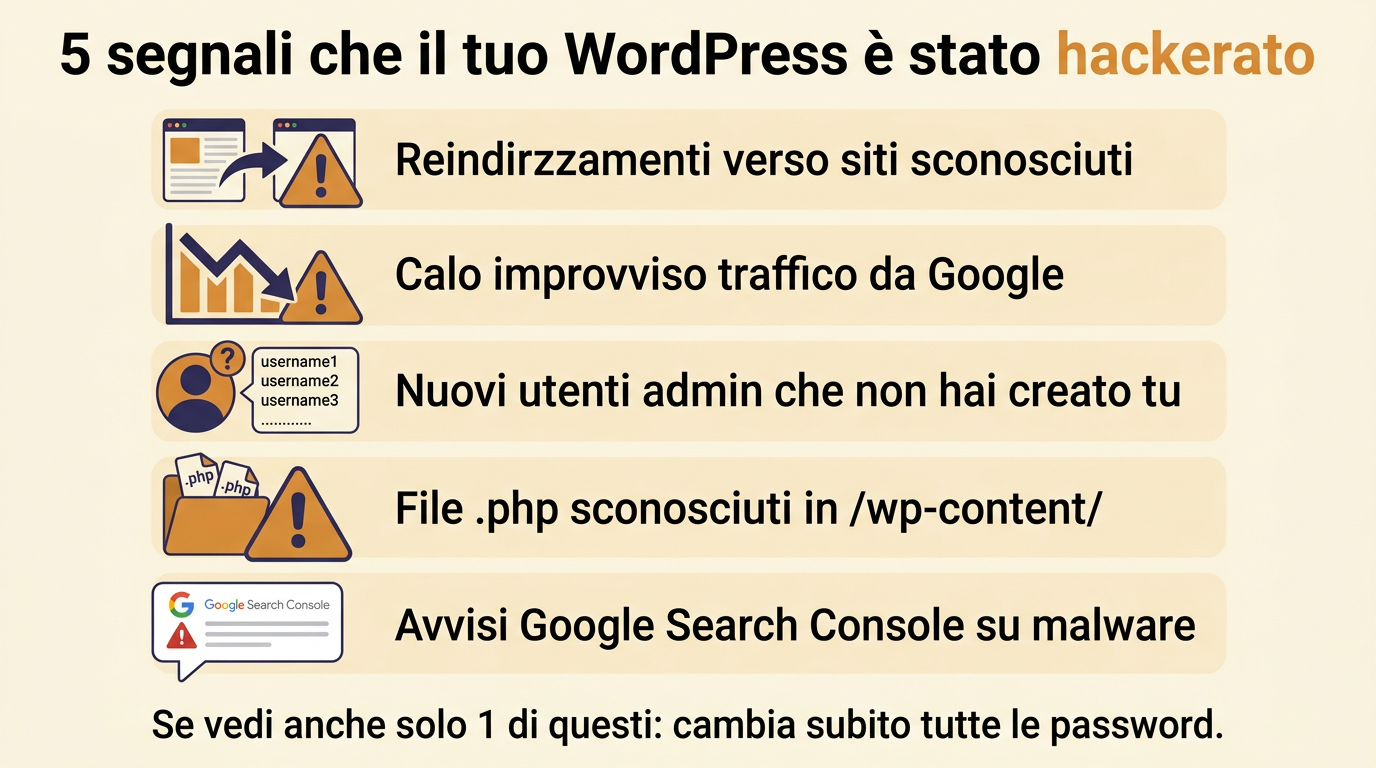 Infografica: 5 segnali che il sito WordPress è stato hackerato - redirect anomali calo traffico admin sconosciuti