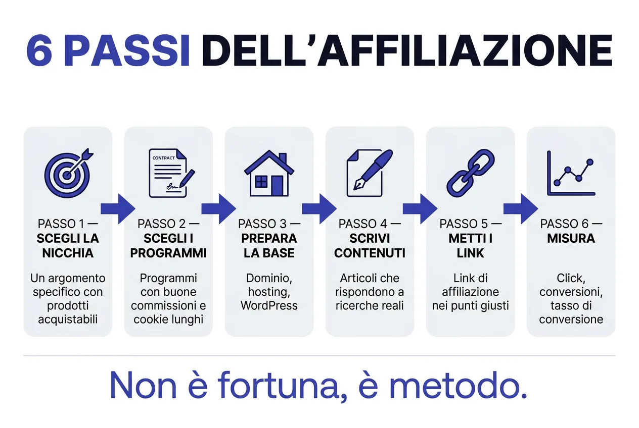 Infografica dei 6 passi dell'affiliazione