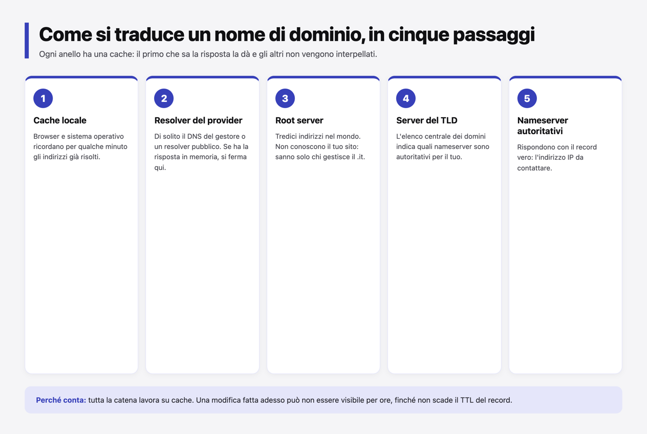 Infografica: la risoluzione di un nome di dominio in cinque passaggi, dalla cache locale ai nameserver autoritativi