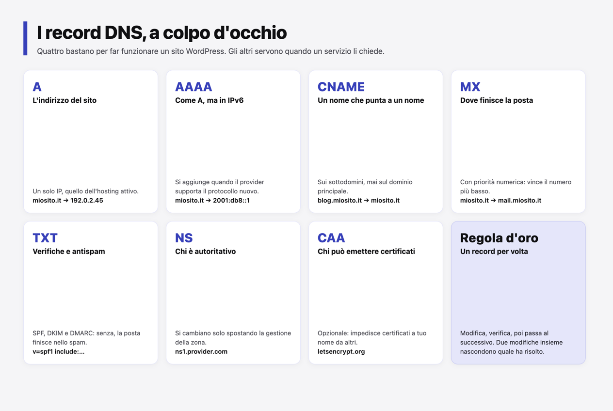 Infografica: i record DNS a colpo d'occhio, con A, AAAA, CNAME, MX, TXT, NS e CAA e il loro uso tipico