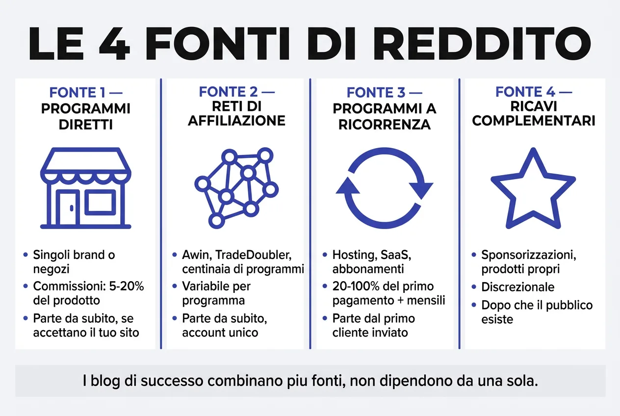 Infografica: le quattro fonti di reddito di un blog di affiliazione