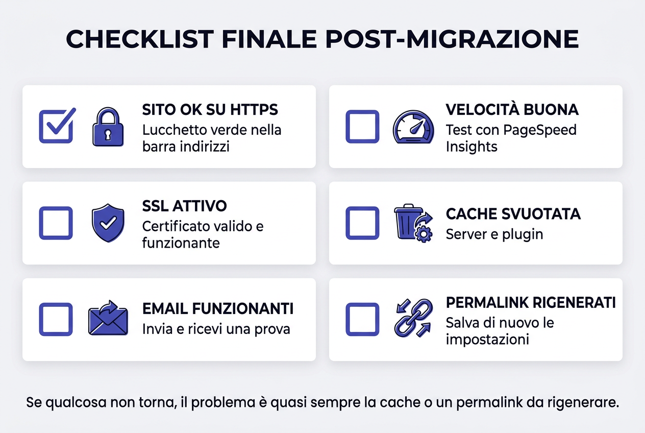 Checklist finale: sito ok su HTTPS, SSL attivo, email funzionanti, velocità buona, cache svuotata