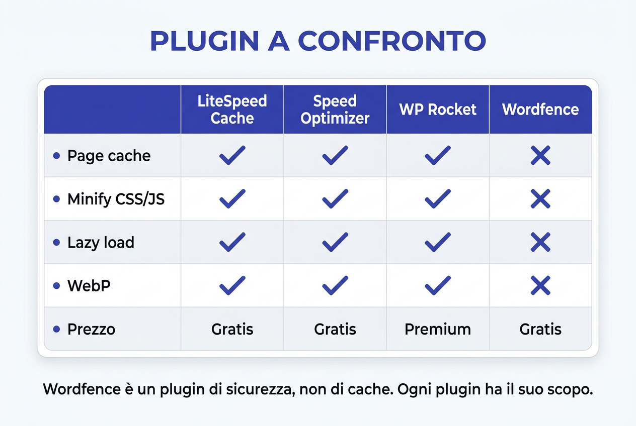 Plugin a confronto: LiteSpeed Cache, Speed Optimizer, WP Rocket, Wordfence