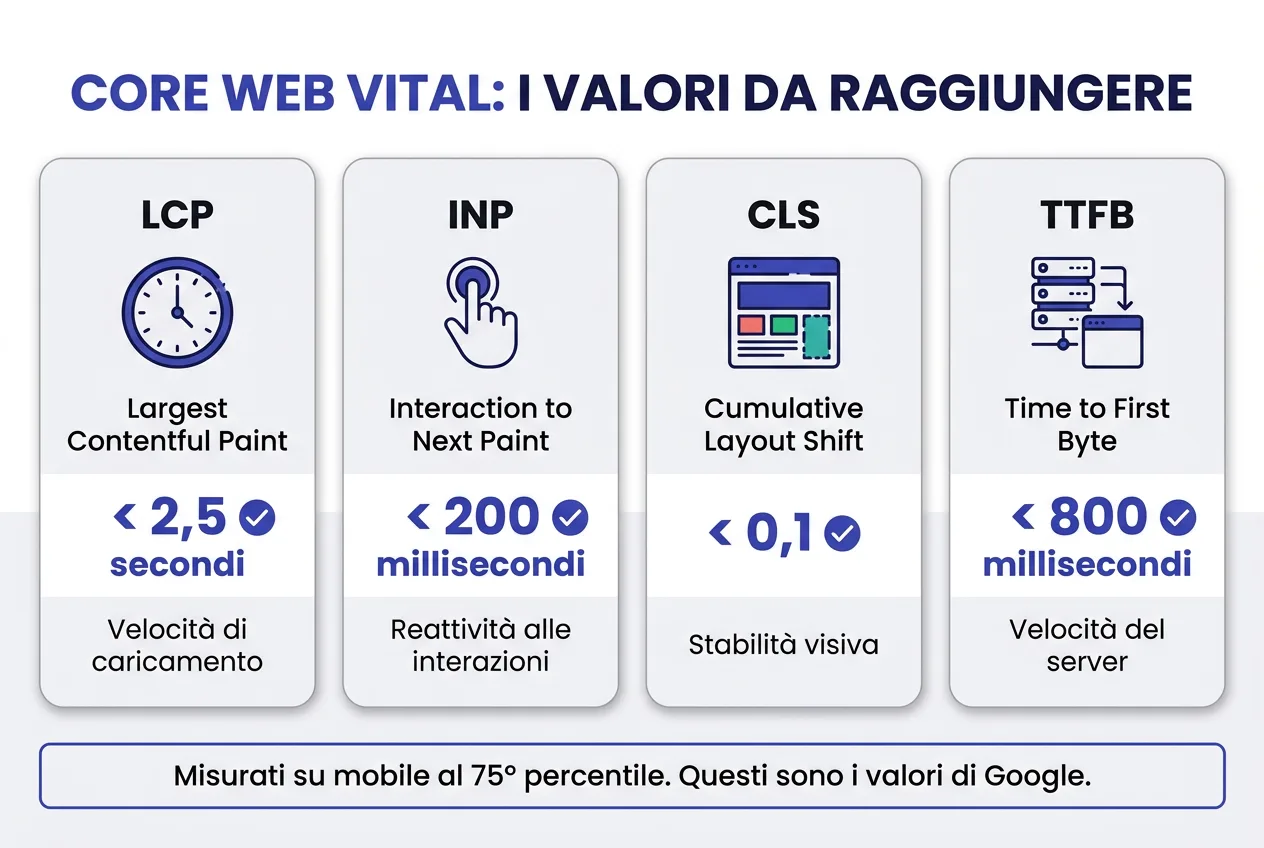 Core Web Vitals: LCP sotto 2,5 secondi, INP sotto 200 millisecondi, CLS sotto 0,1, TTFB sotto 800 millisecondi