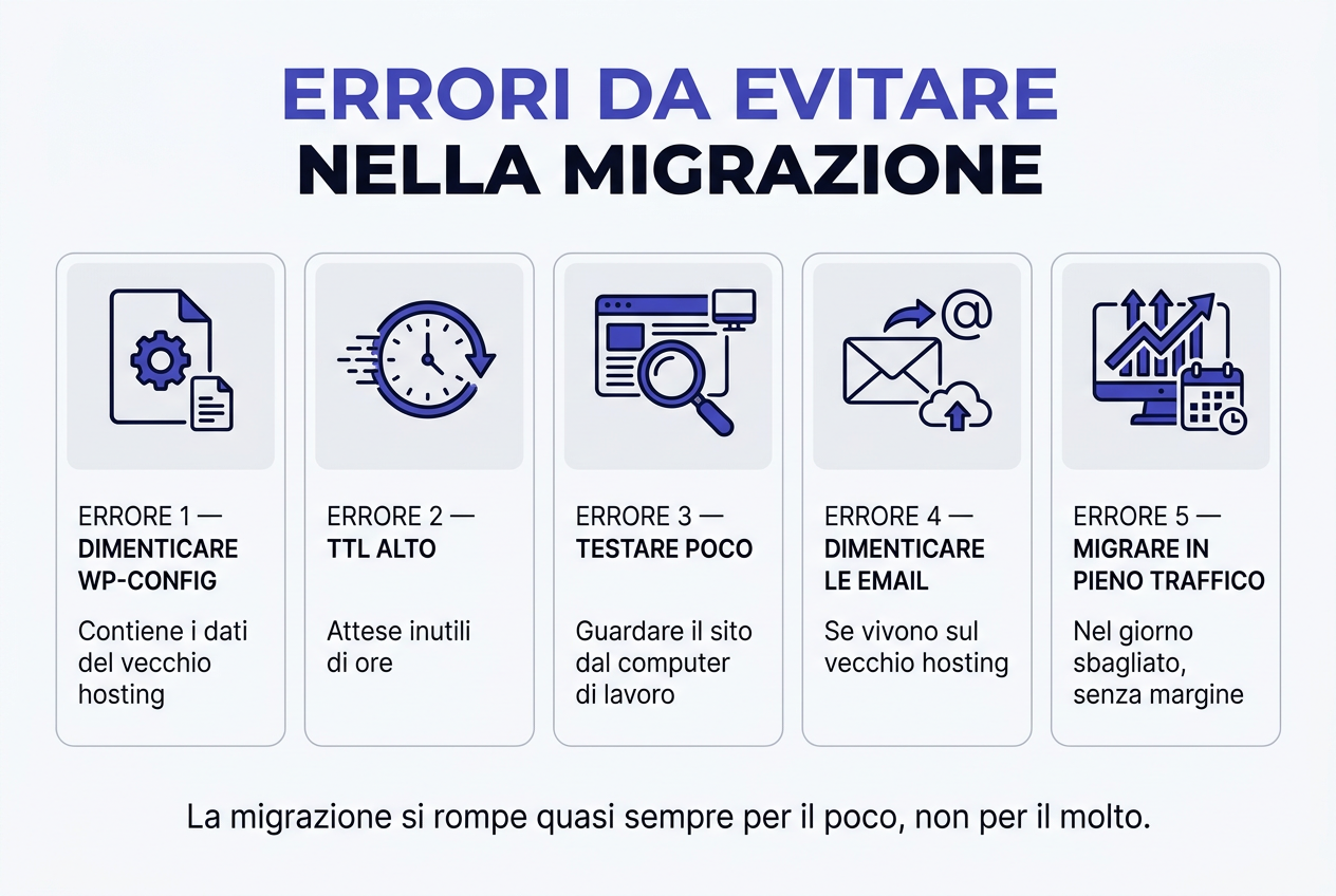 Gli errori da evitare: dimenticare wp-config, TTL alto, testare poco, dimenticare le email, migrare in pieno traffico