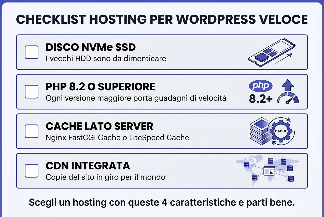 Checklist hosting per WordPress veloce: disco NVMe, PHP 8.3 o superiore, cache lato server, CDN integrata
