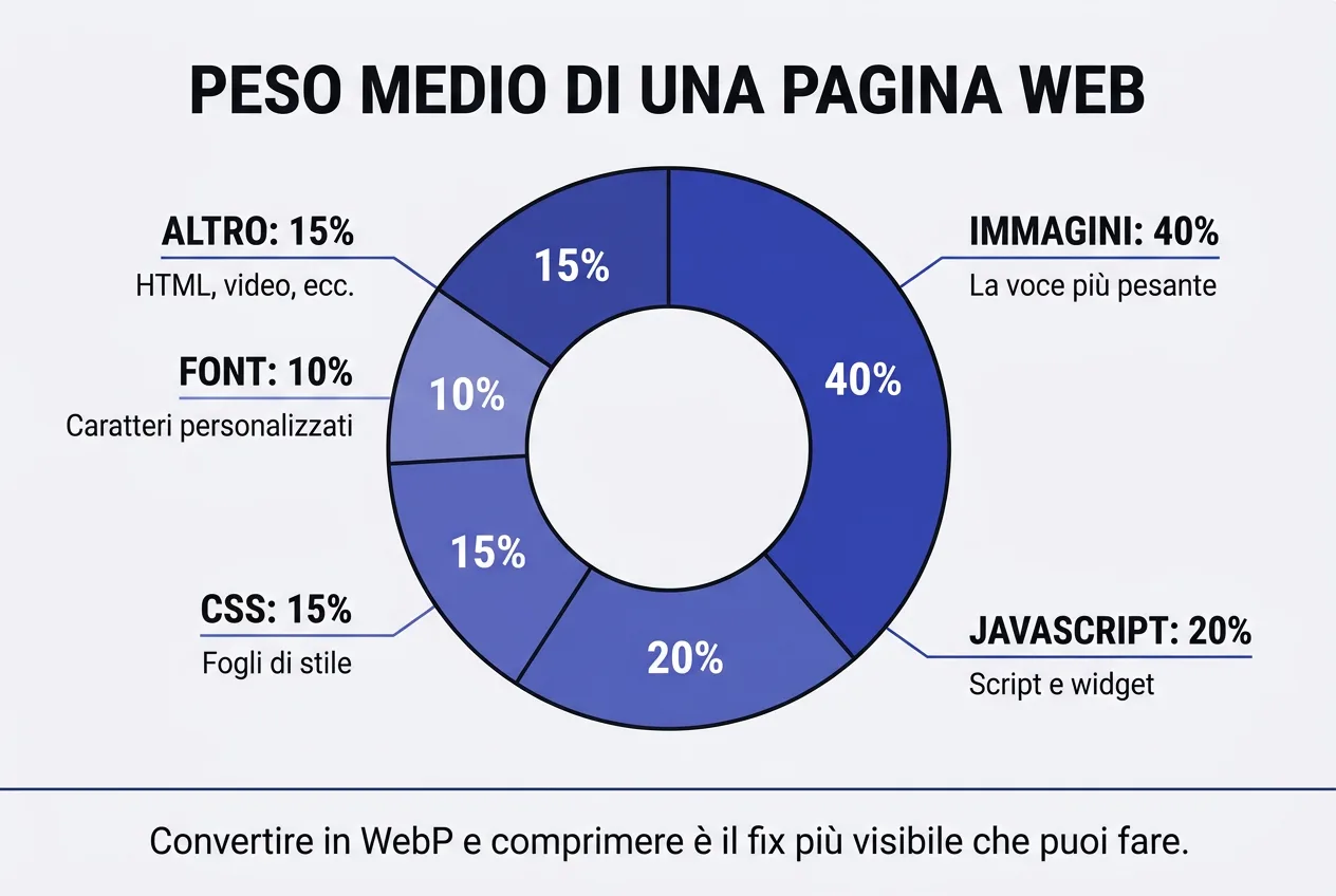 Peso medio di una pagina web: immagini 40%, JavaScript 20%, CSS 15%, font 10%, altro 15%