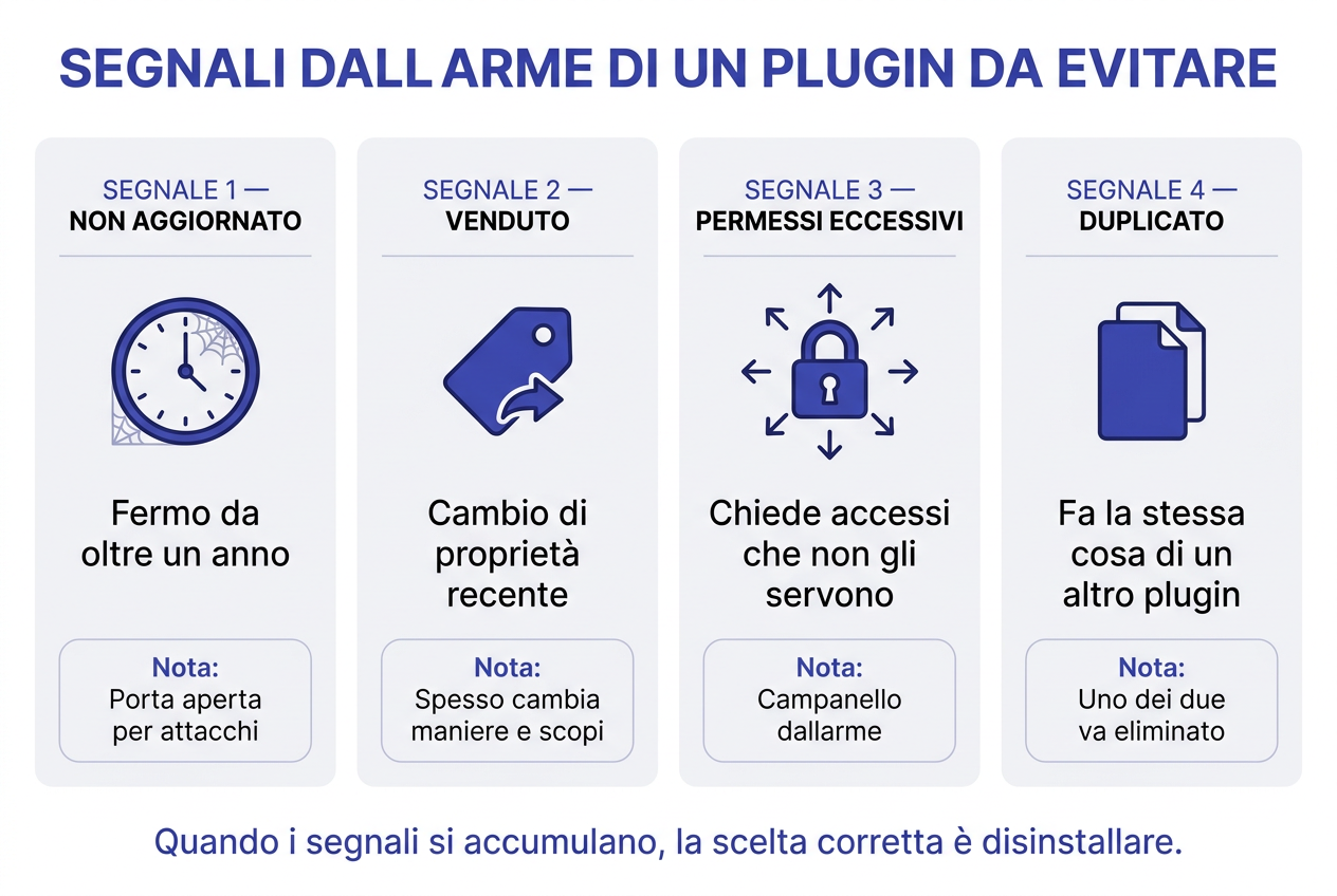 Segnali d'allarme di un plugin: non aggiornato da anni, venduto a un'azienda, centinaia di opzioni, duplica un altro plugin