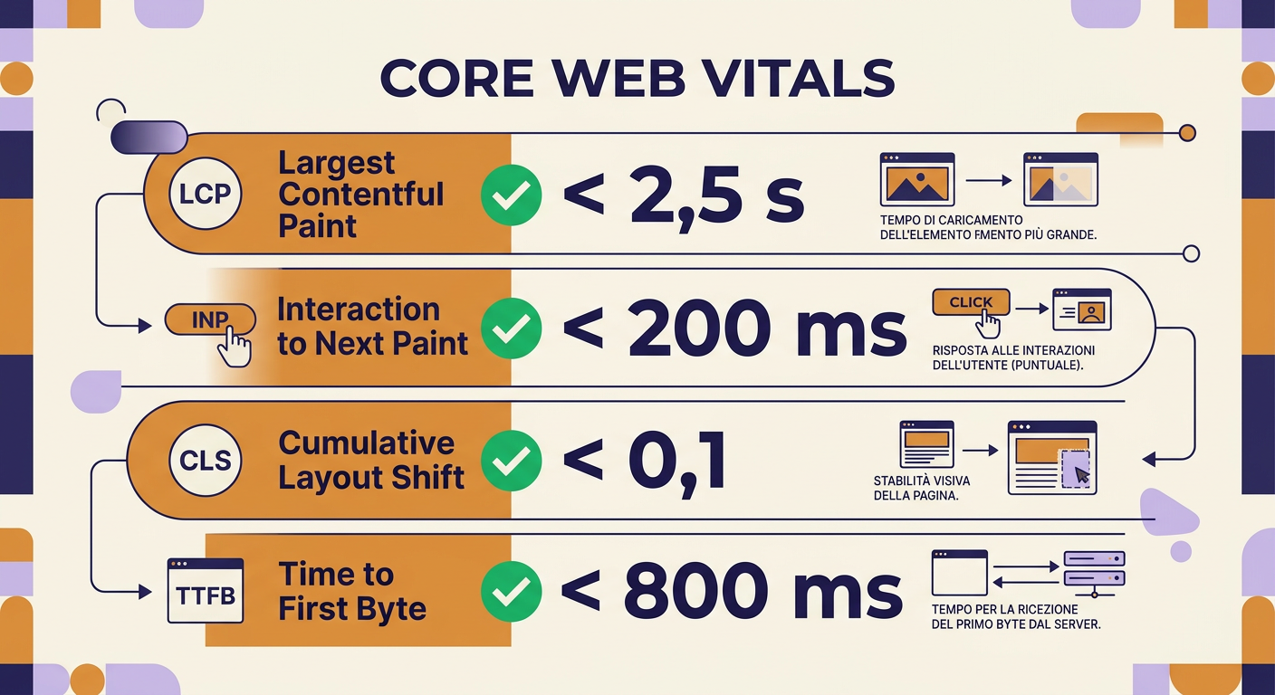 Core Web Vitals: LCP sotto 2,5 secondi, INP sotto 200 millisecondi, CLS sotto 0,1, TTFB sotto 800 millisecondi