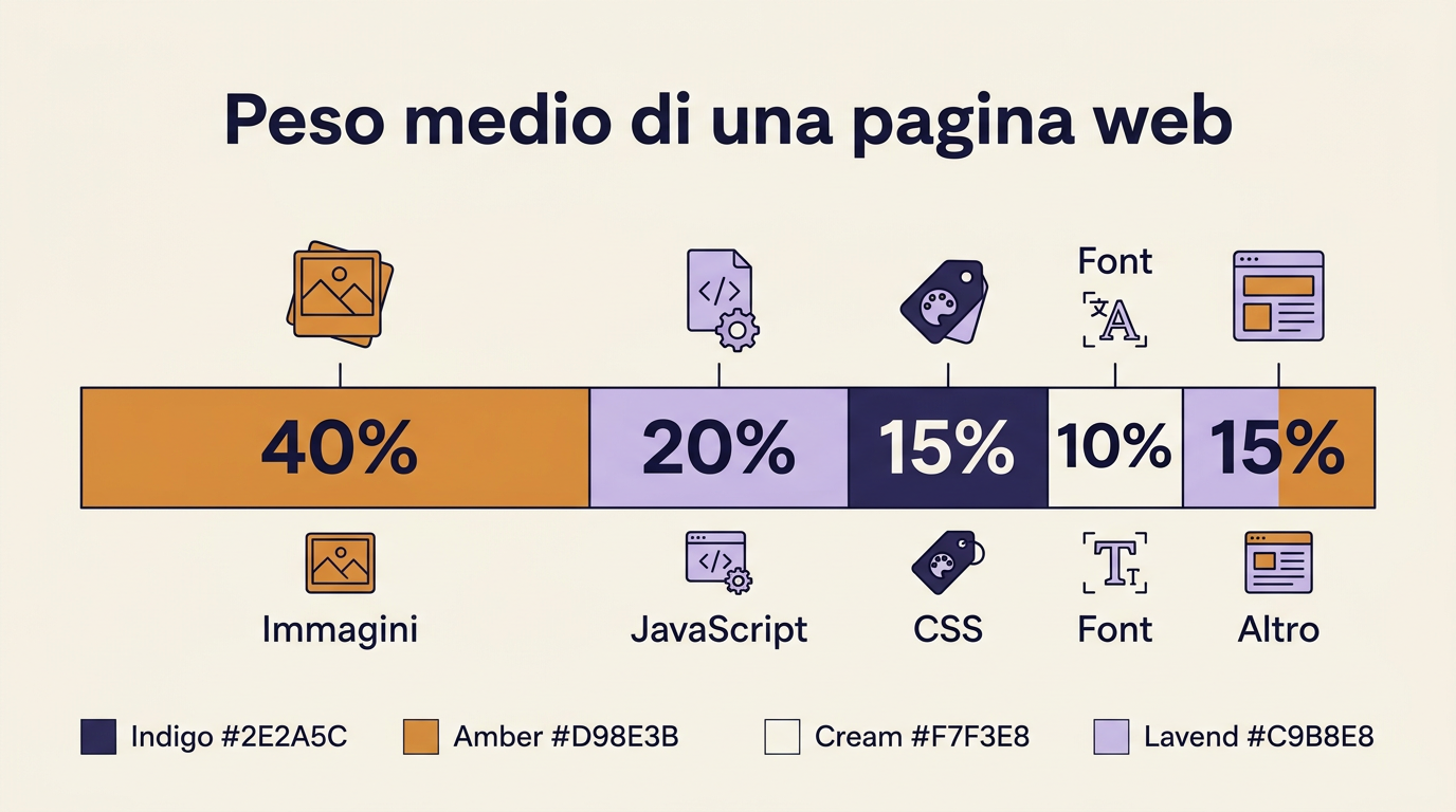 Peso medio di una pagina web: immagini 40%, JavaScript 20%, CSS 15%, font 10%, altro 15%