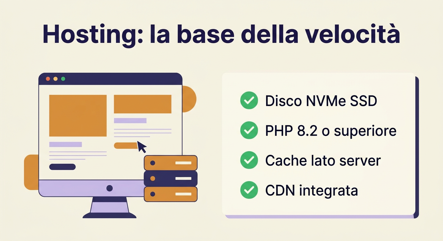Checklist hosting per WordPress veloce: disco NVMe, PHP 8.2 o superiore, cache lato server, CDN integrata
