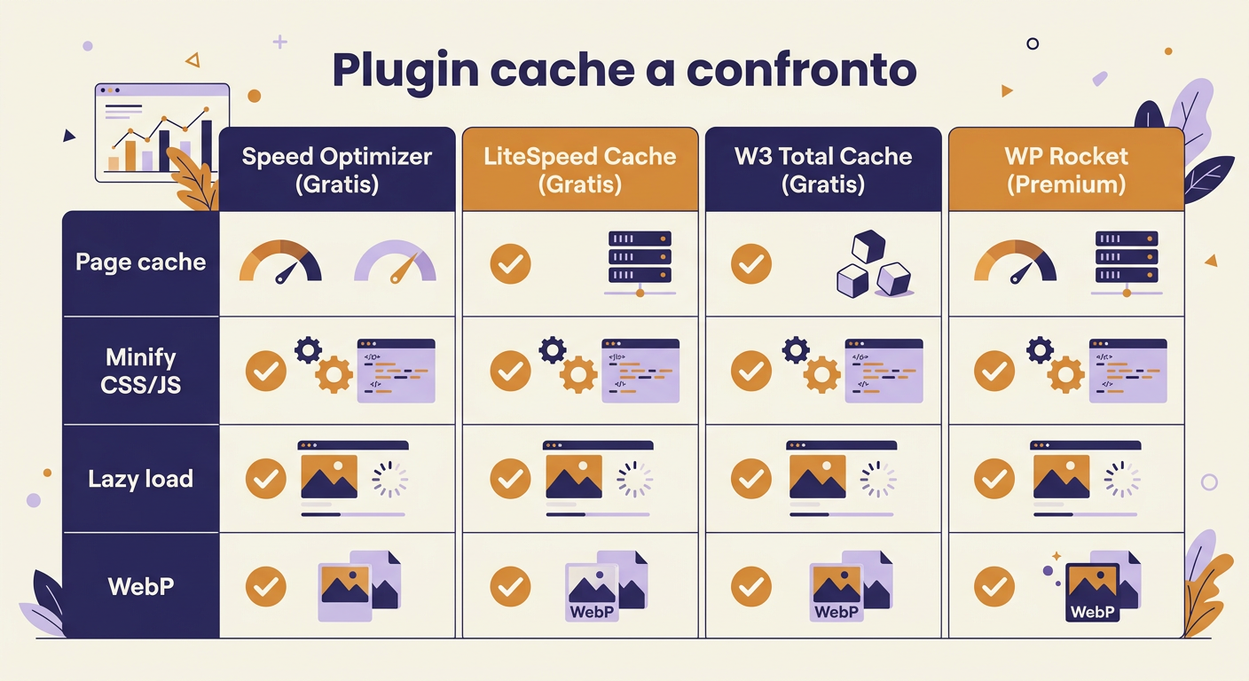 Plugin cache a confronto: Speed Optimizer gratuito, LiteSpeed Cache gratuito, W3 Total Cache gratuito, WP Rocket premium