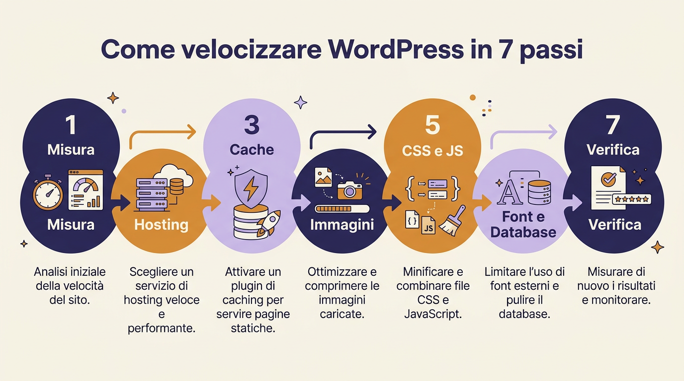Come migliorare le performance di WordPress in 7 passi: misura, hosting, cache, immagini, CSS e JS, font e database, verifica