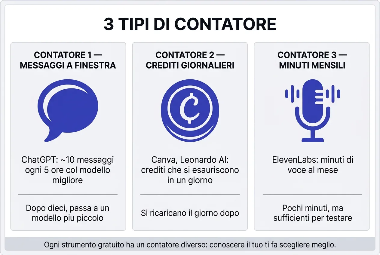 I 3 tipi di contatore del piano gratuito: messaggi a finestra, crediti giornalieri, minuti mensili