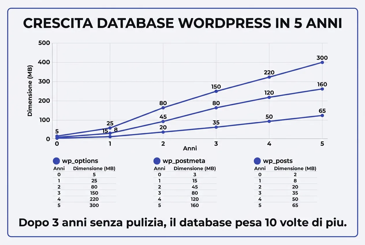 Crescita del database WordPress wp_options wp_postmeta su 5 anni