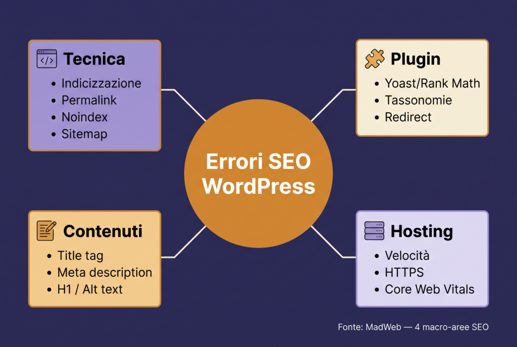 Mappa concettuale con 4 aree critiche degli errori SEO WordPress: Tecnica, Plugin, Contenuti e Hosting