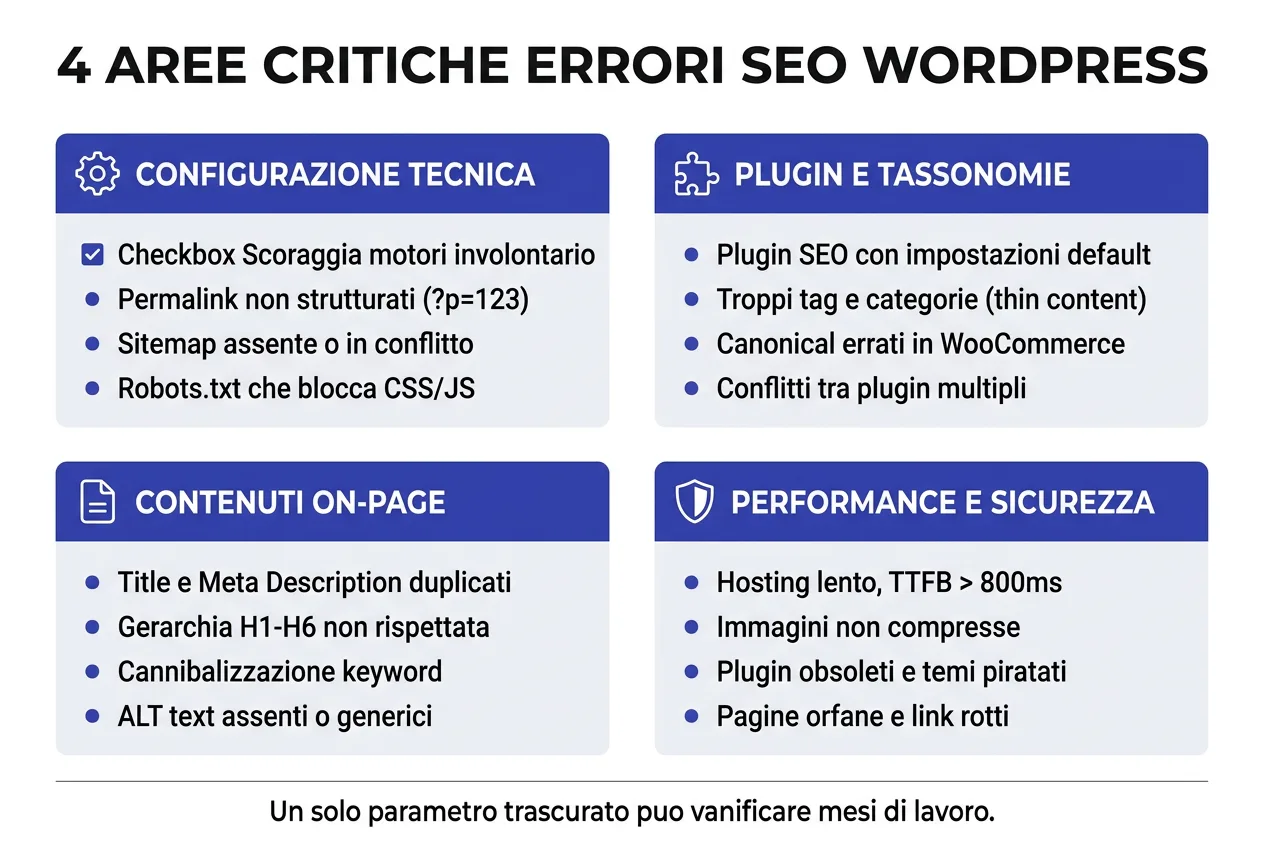 Mappa concettuale con 4 aree critiche degli errori SEO WordPress: Tecnica, Plugin, Contenuti e Hosting