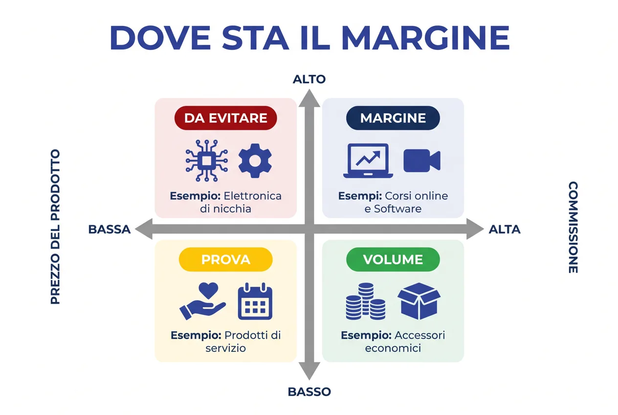 Matrice prezzo e commissione con quattro quadranti: margine, da evitare, volume e prova