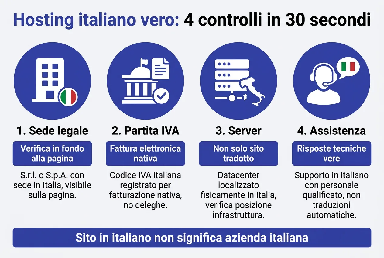 Infografica: 4 controlli per riconoscere un hosting italiano vero (sede legale, P.IVA, server, fattura)