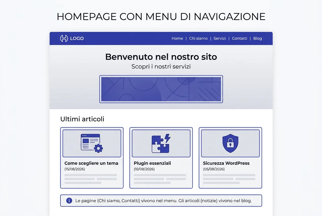 Homepage di un sito WordPress: le pagine Chi siamo e Contatti vivono nel menu di navigazione