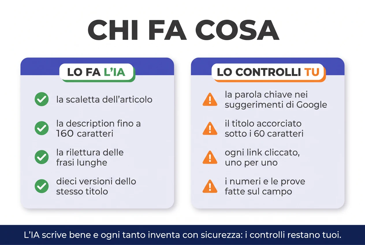 Infografica con la divisione del lavoro tra IA e persona: l'IA fa scalette, descrizioni e riletture; la persona verifica parole chiave, titoli accorciati, link cliccati