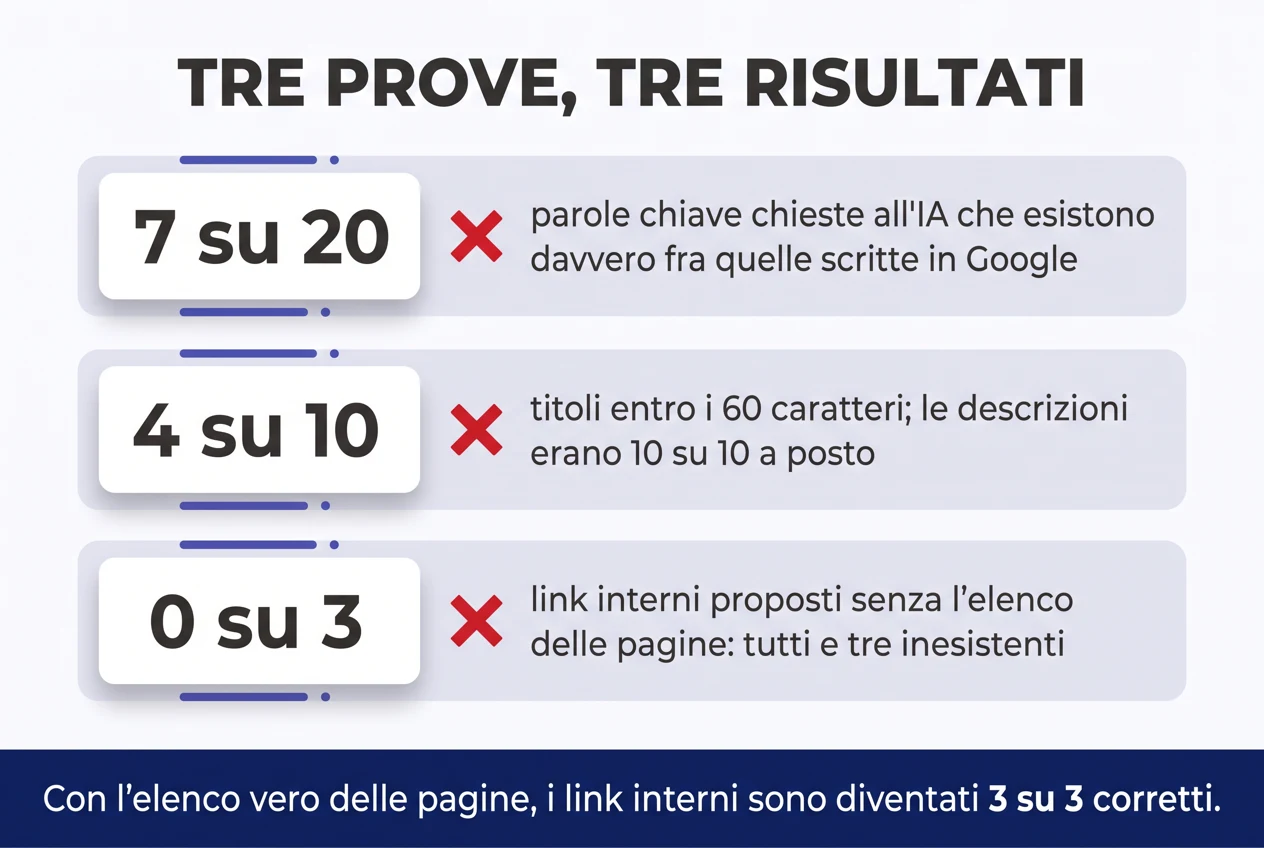 Infografica con l'esito delle tre prove: sette parole chiave su venti esistono davvero, quattro titoli su dieci rispettano la lunghezza, zero link interni su tre funzionano