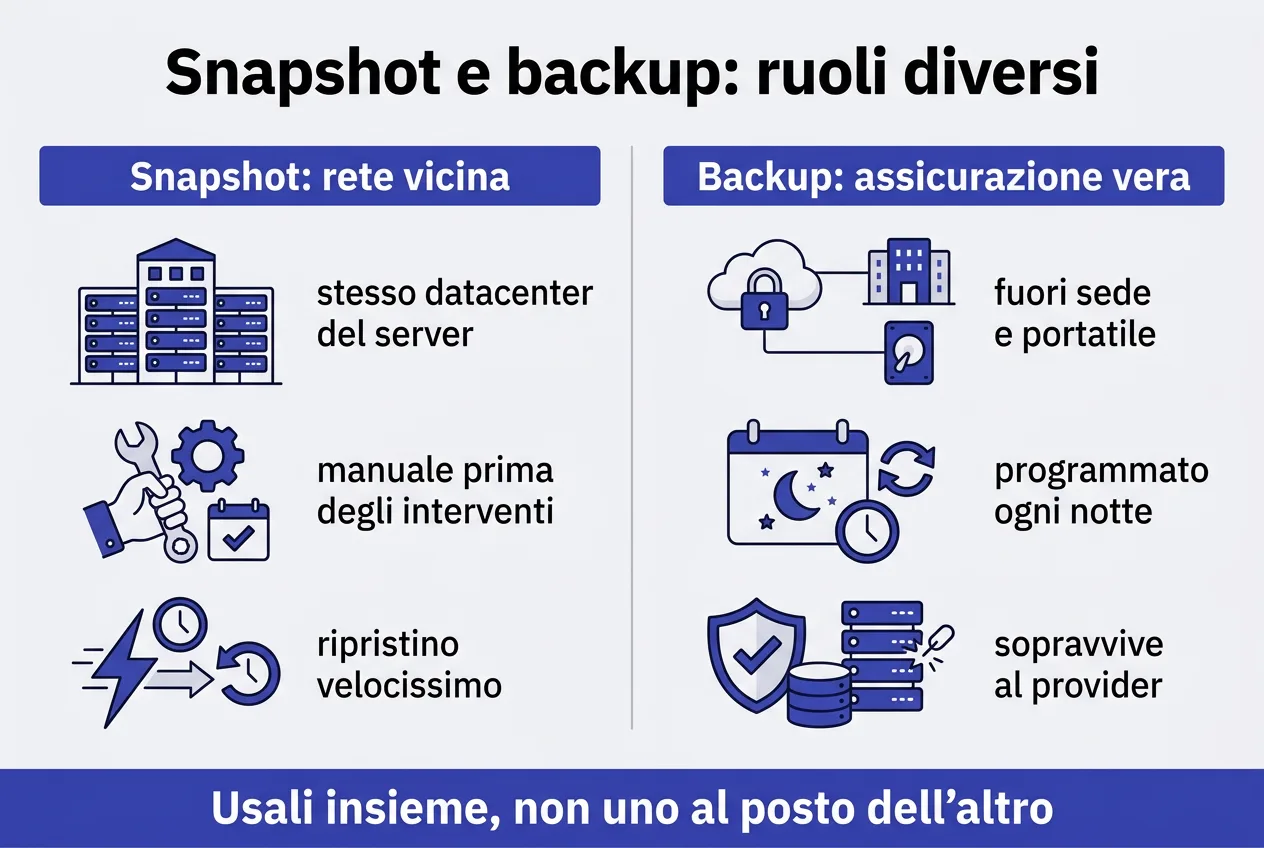 Snapshot dell'hosting e backup a confronto: differenze e quando usarli