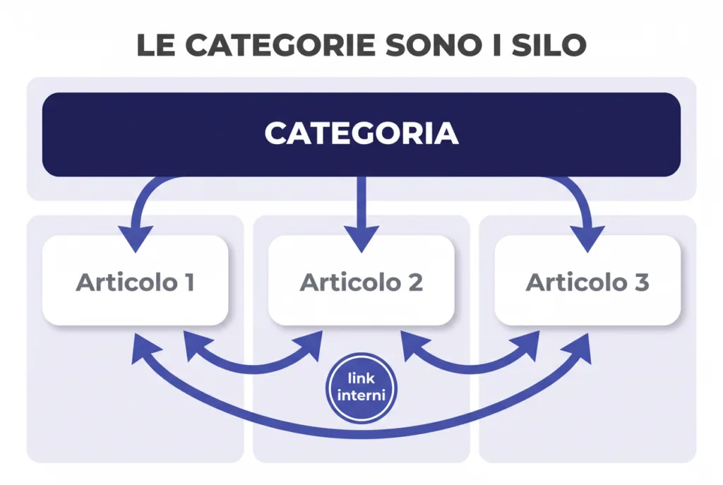 Infografica: le categorie come silo e i link interni tra gli articoli