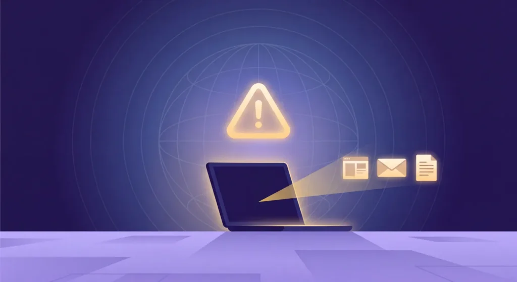 Copertina: un triangolo di avvertimento dorato sopra un computer aperto, dal quale parte un raggio di luce verso tre piccoli pannelli che rappresentano la pagina, l'email e il file di log