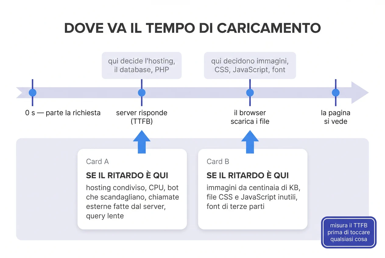 Schema del tempo di caricamento di una pagina: richiesta, risposta del server (TTFB), download dei file da parte del browser, pagina visibile